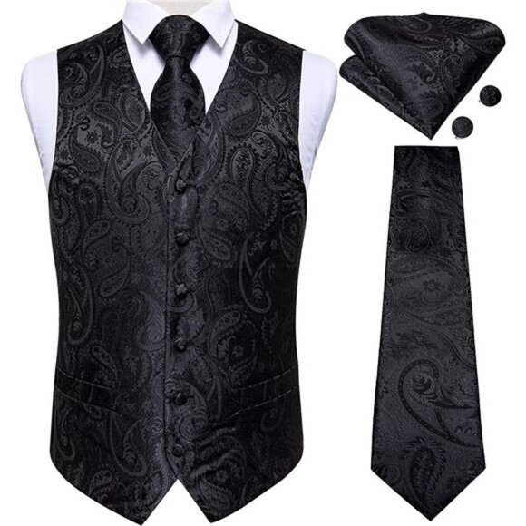 Men's Paisley Waistcoat and Necktie Pocket Square Cufflink Vest Suit Set